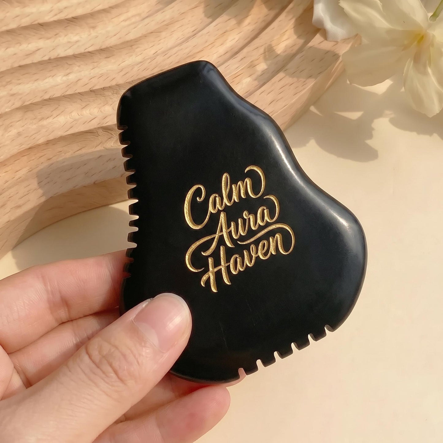 Black Bian Stone Gua Sha, Facial Massage Tool, Natural Stone Scraper for Face Body, Spa Skincare Tool, Wellness Gift, Text Engrave