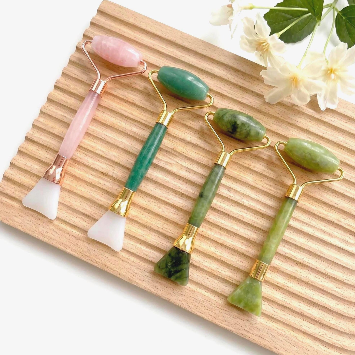Jade Roller with Silicone Mask Brush, 2 in 1 Facial Massager, Rose Quartz Face Roller, Skincare Tool, Beauty Gift for Her