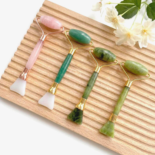 Jade Roller with Silicone Mask Brush, 2 in 1 Facial Massager, Rose Quartz Face Roller, Skincare Tool, Beauty Gift for Her