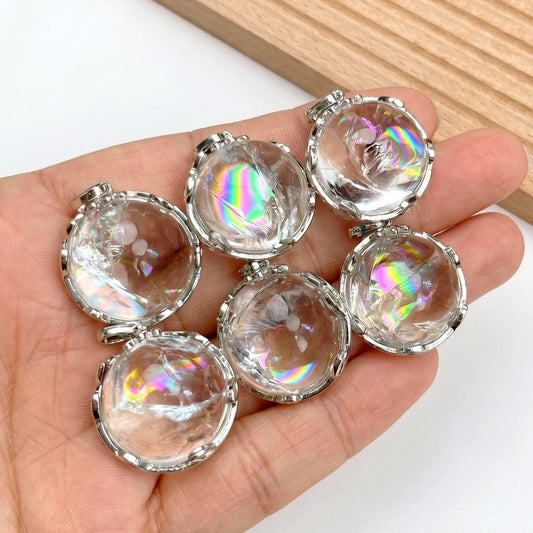 Rainbow Clear Quartz Sphere Pendant, S925 Sterling Silver Crown Bail, Natural Smoky Crystal Ball NecklaceWitchy Celestial Gift for Her