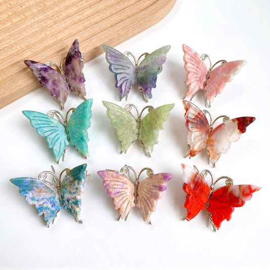 Hand-Carved Crystal Butterfly Ornaments, Colorful Stone Butterfly Charms for DIY Jewelry, Fairy Garden Decor, Spiritual Gift for Her