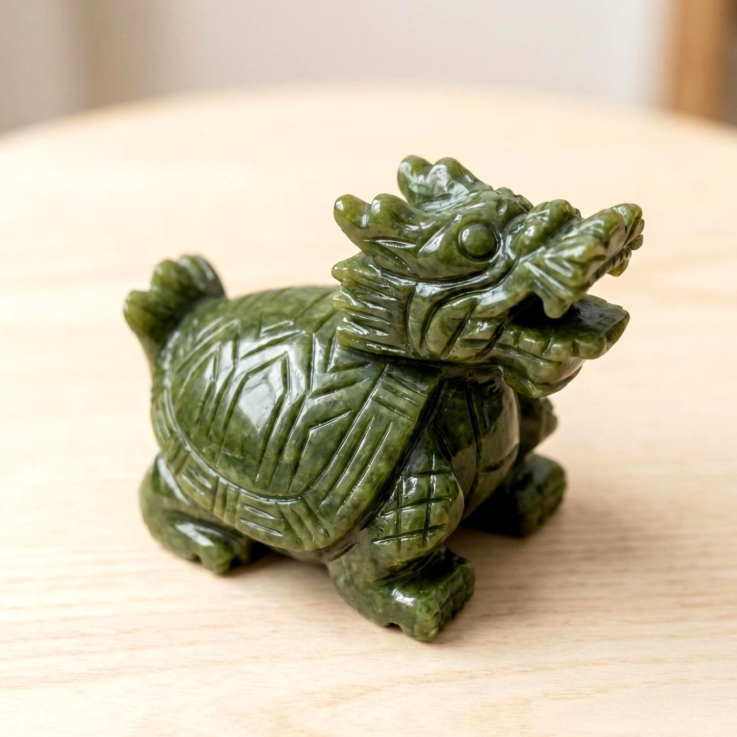 Natural Green Jade Dragon Turtle, Feng Shui Decor for Office, Handheld Stone Carving, Spiritual Gift for Men