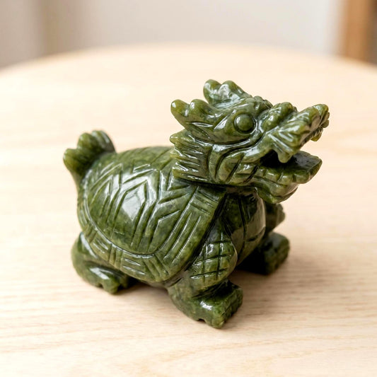 Natural Green Jade Dragon Turtle, Feng Shui Decor for Office, Handheld Stone Carving, Spiritual Gift for Men