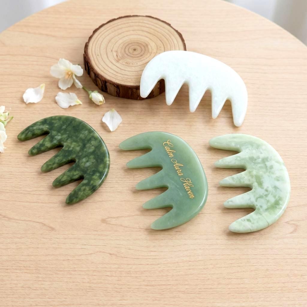 Natural Jade Scalp Massage Comb, Gua Sha Comb, Crystal Head Massager, Stress Relief Self Care Tool, Unique Gift For Her