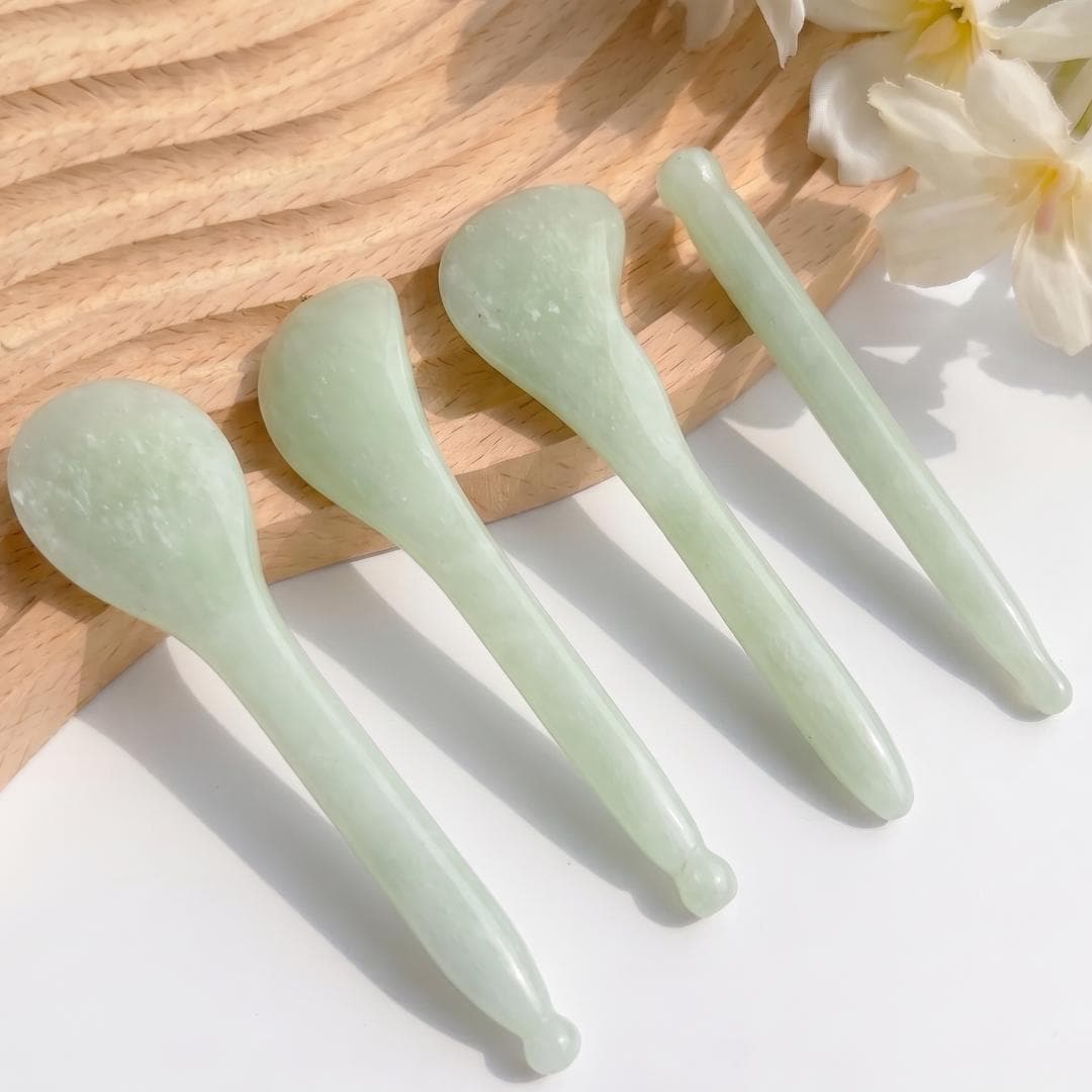 Natural Green Jade Gua Sha Tool Set, Facial Massage Wand & Eye Massage Spoon, Crystal Stone Massager for Face Body, Self-Care Gift