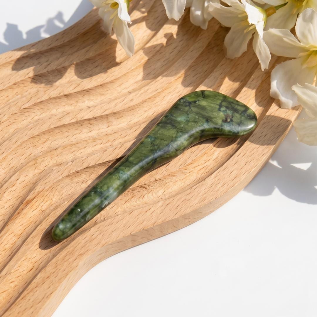Natural Green Jade Gua Sha Tool Set, Facial Massage Wand & Eye Massage Spoon, Crystal Stone Massager for Face Body, Self-Care Gift