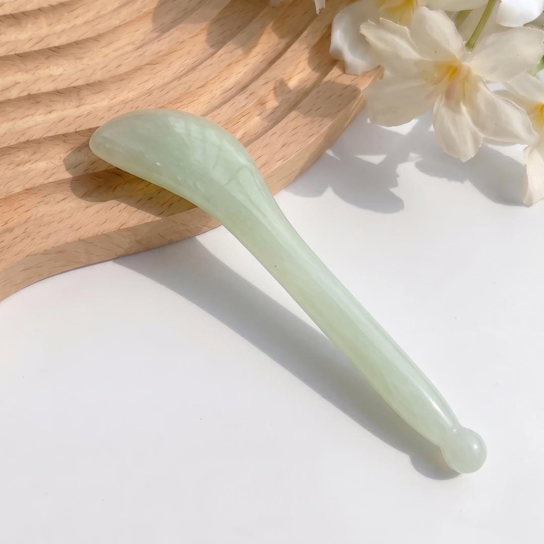 Natural Green Jade Gua Sha Tool Set, Facial Massage Wand & Eye Massage Spoon, Crystal Stone Massager for Face Body, Self-Care Gift