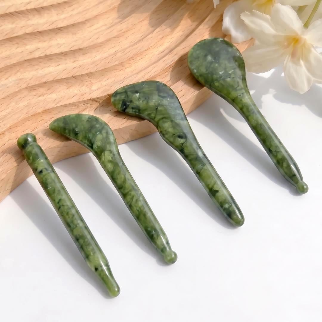 Natural Green Jade Gua Sha Tool Set, Facial Massage Wand & Eye Massage Spoon, Crystal Stone Massager for Face Body, Self-Care Gift