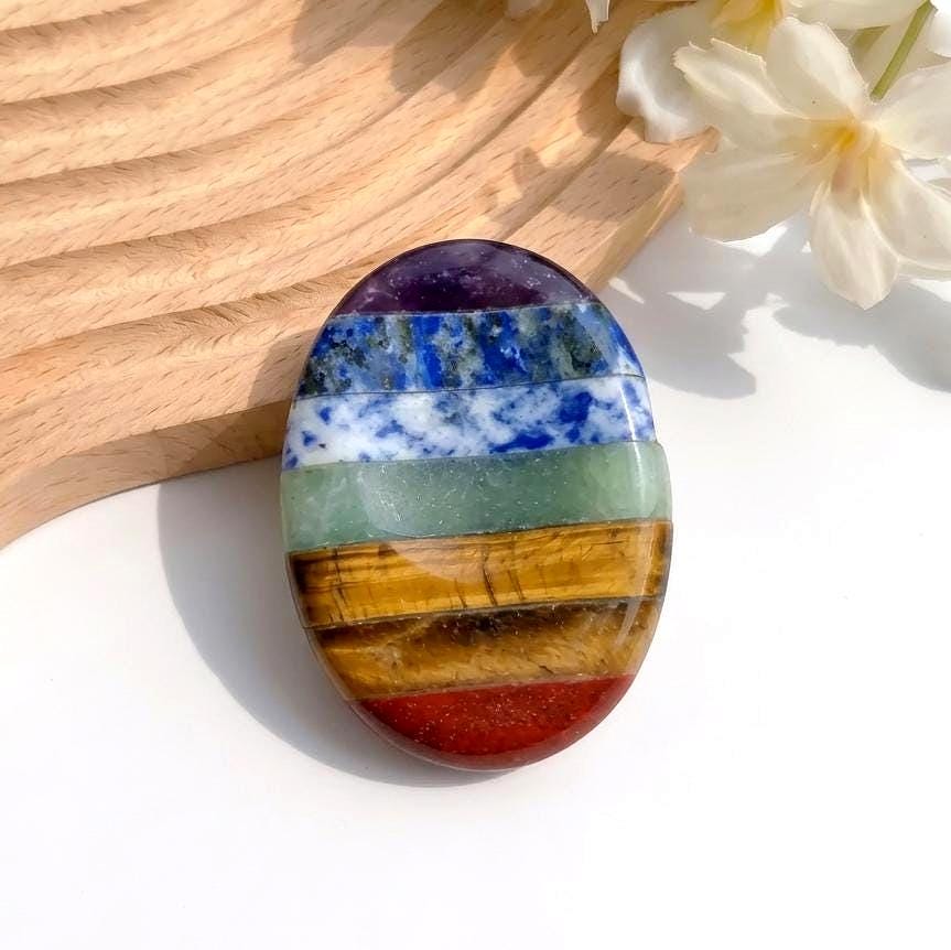 7 Chakra Sensory Stone & Worry Stone, Gemstone Thumb Stone Gua Sha, Smooth Palm Stone for Relaxation, Yoga Meditation Token, Unique Gift