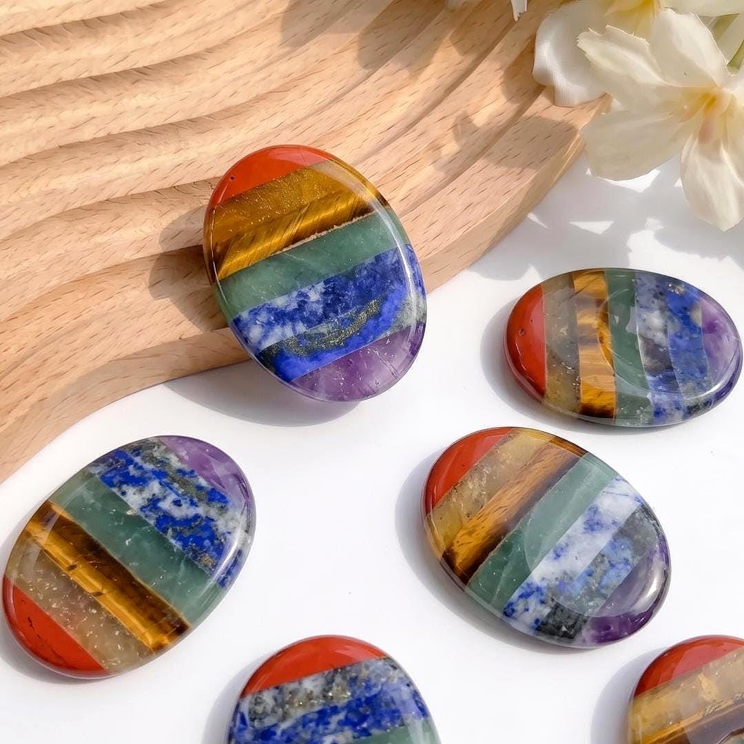 7 Chakra Sensory Stone & Worry Stone, Gemstone Thumb Stone Gua Sha, Smooth Palm Stone for Relaxation, Yoga Meditation Token, Unique Gift