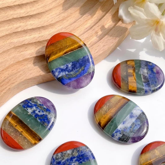 7 Chakra Sensory Stone & Worry Stone, Gemstone Thumb Stone Gua Sha, Smooth Palm Stone for Relaxation, Yoga Meditation Token, Unique Gift