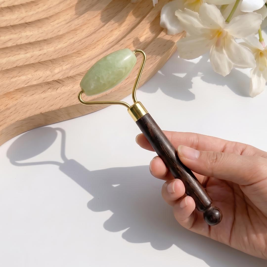 Natural Jade Facial Roller with Wooden Acupoint Massage Handle, Handheld Gemstone Face Massager, Skincare Ritual Tool, Relaxation Gift