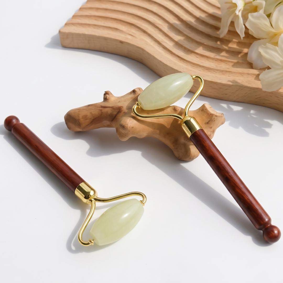 Natural Jade Facial Roller with Wooden Acupoint Massage Handle, Handheld Gemstone Face Massager, Skincare Ritual Tool, Relaxation Gift