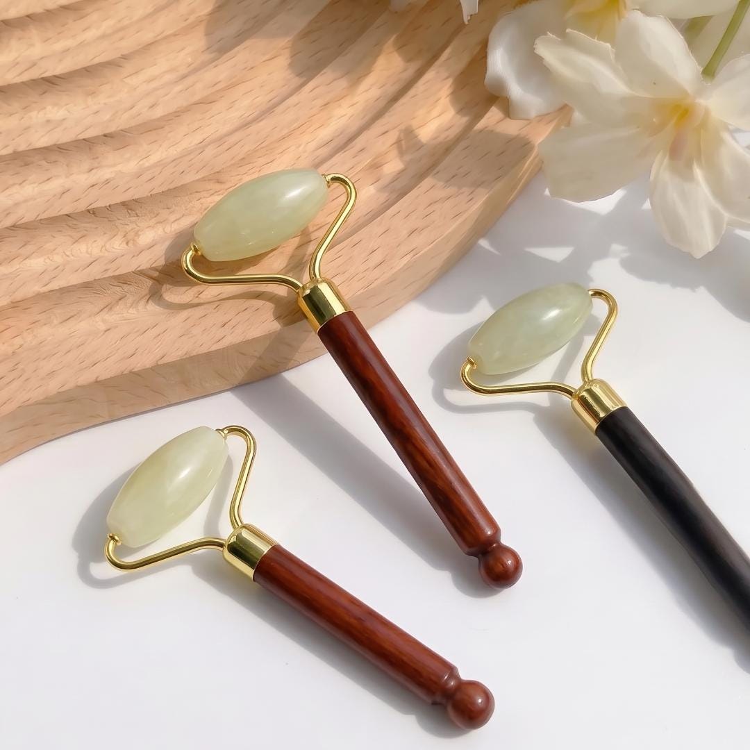 Natural Jade Facial Roller with Wooden Acupoint Massage Handle, Handheld Gemstone Face Massager, Skincare Ritual Tool, Relaxation Gift