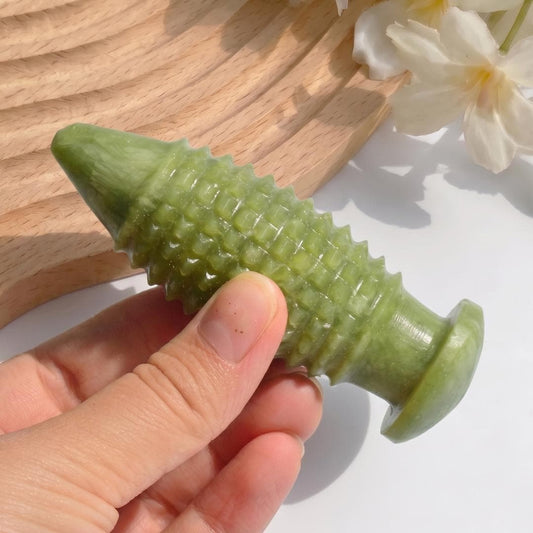 Natural Green Phoenix Jade Stone Massager, Tactile Spiky Ball and Point Massage Rod for Daily Relaxation, Compact Wellness Gift for Her