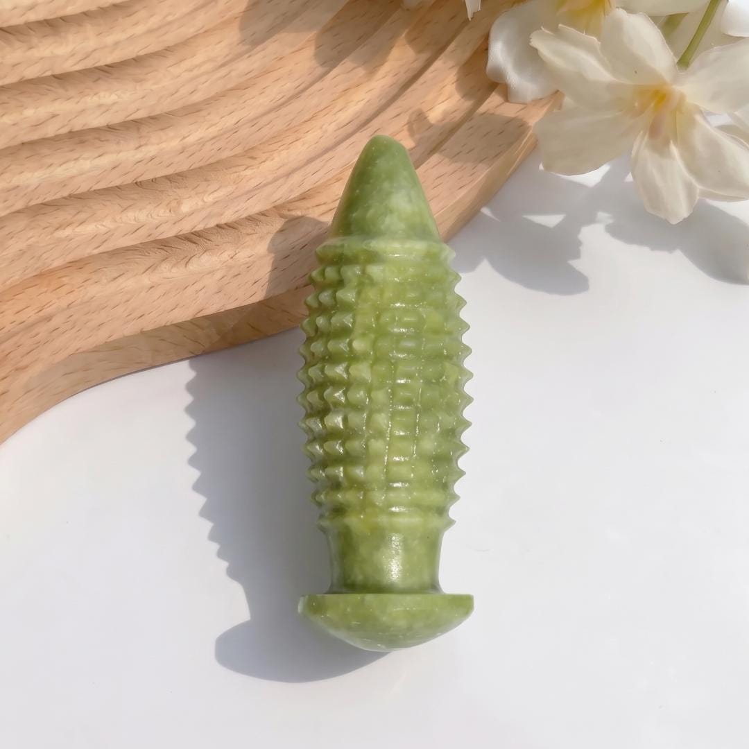 Natural Green Phoenix Jade Stone Massager, Tactile Spiky Ball and Point Massage Rod for Daily Relaxation, Compact Wellness Gift for Her