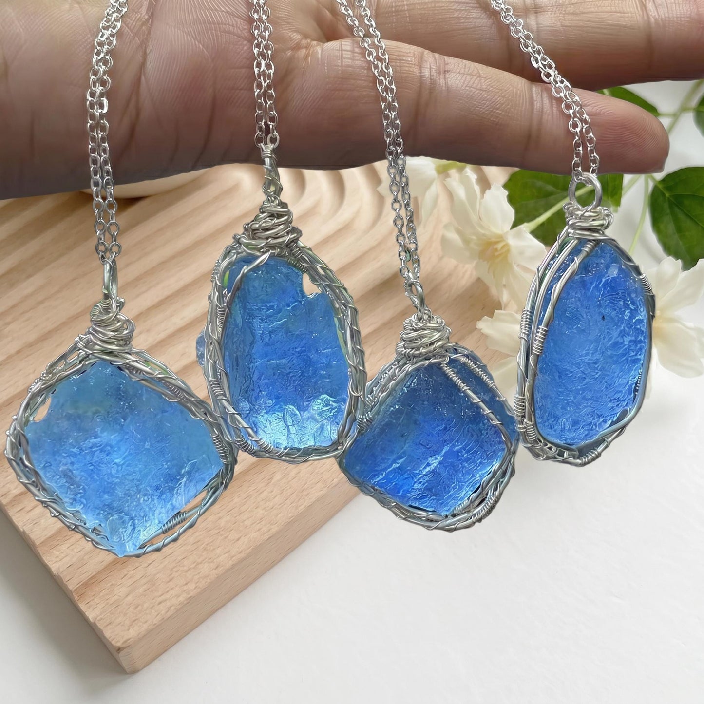 Raw Aquamarine Pendant & Earrings，Handmade Copper Wire Wrapped Blue Stone Jewelry，Unique March Birthstone Gift for Her
