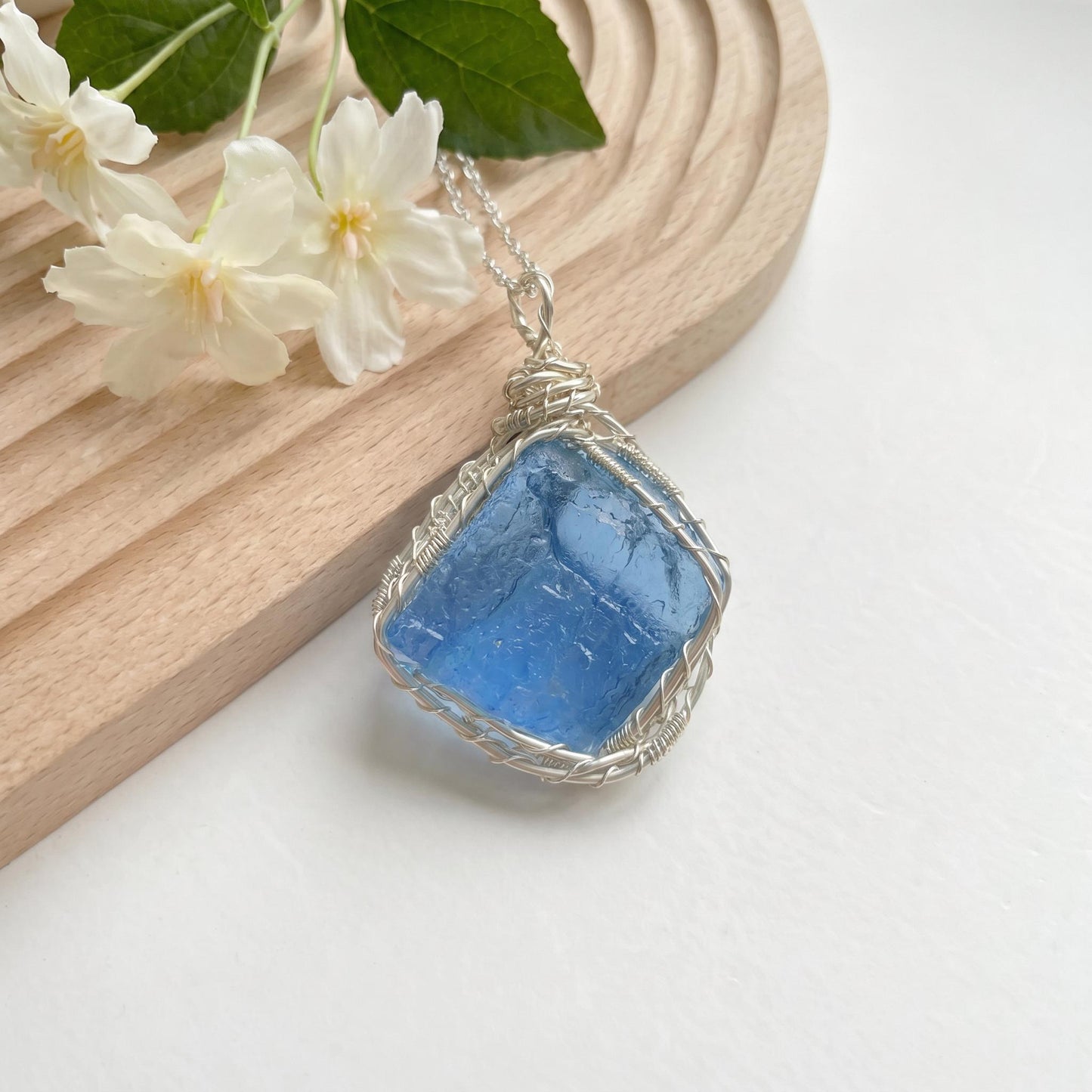 Raw Aquamarine Pendant & Earrings，Handmade Copper Wire Wrapped Blue Stone Jewelry，Unique March Birthstone Gift for Her