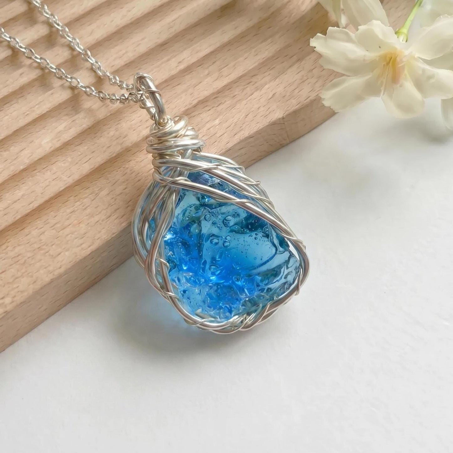 Raw Aquamarine Pendant & Earrings，Handmade Copper Wire Wrapped Blue Stone Jewelry，Unique March Birthstone Gift for Her
