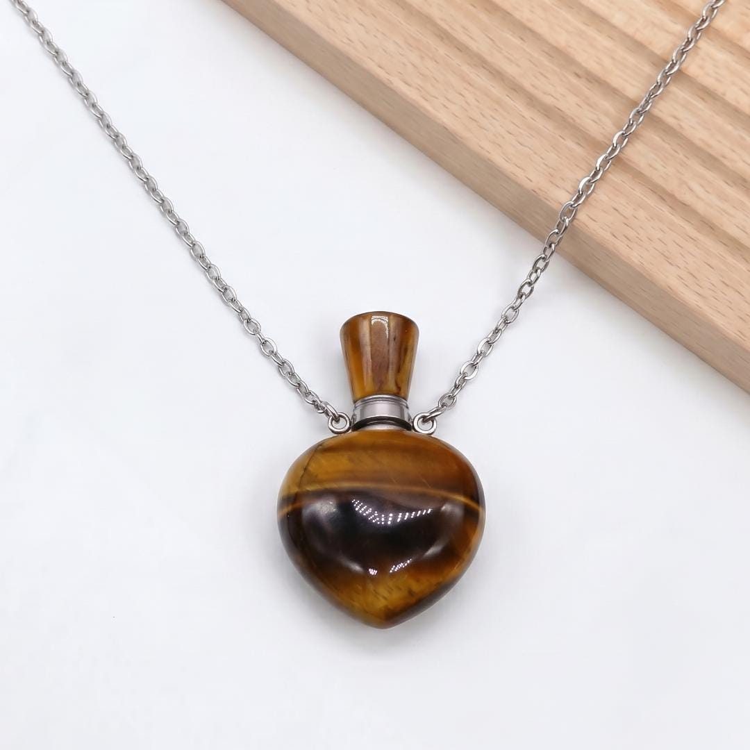 Heart Crystal Perfume Bottle Necklace, Natural Gemstone Essential Oil Vial Pendant, Dainty Healing Stone Vial, Mindful Self Care Gift