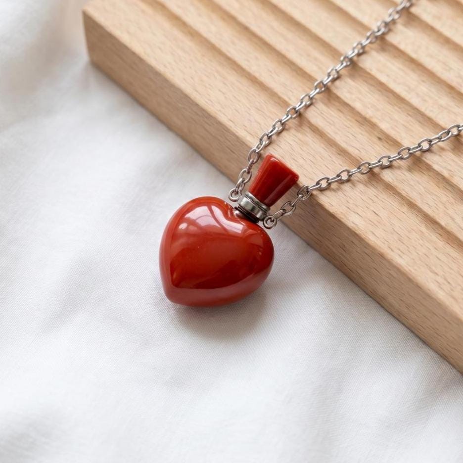 Heart Crystal Perfume Bottle Necklace, Natural Gemstone Essential Oil Vial Pendant, Dainty Healing Stone Vial, Mindful Self Care Gift