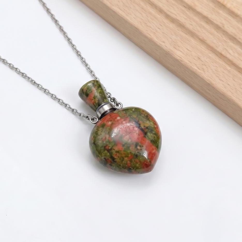 Heart Crystal Perfume Bottle Necklace, Natural Gemstone Essential Oil Vial Pendant, Dainty Healing Stone Vial, Mindful Self Care Gift