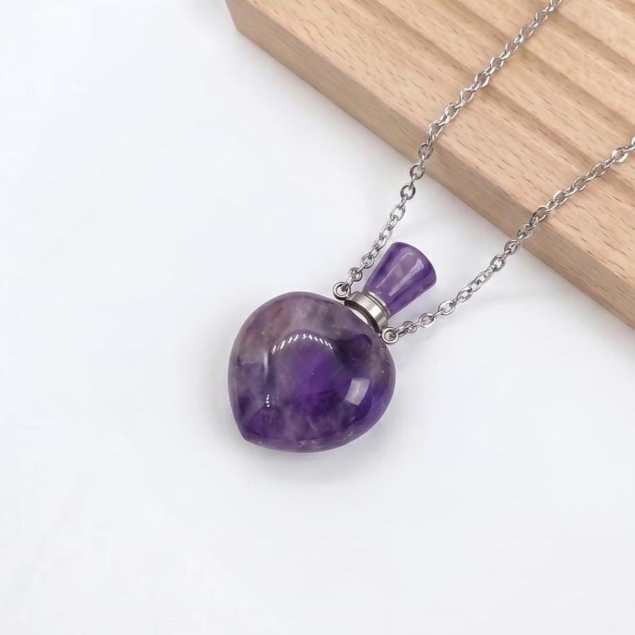Heart Crystal Perfume Bottle Necklace, Natural Gemstone Essential Oil Vial Pendant, Dainty Healing Stone Vial, Mindful Self Care Gift