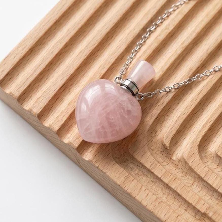 Heart Crystal Perfume Bottle Necklace, Natural Gemstone Essential Oil Vial Pendant, Dainty Healing Stone Vial, Mindful Self Care Gift