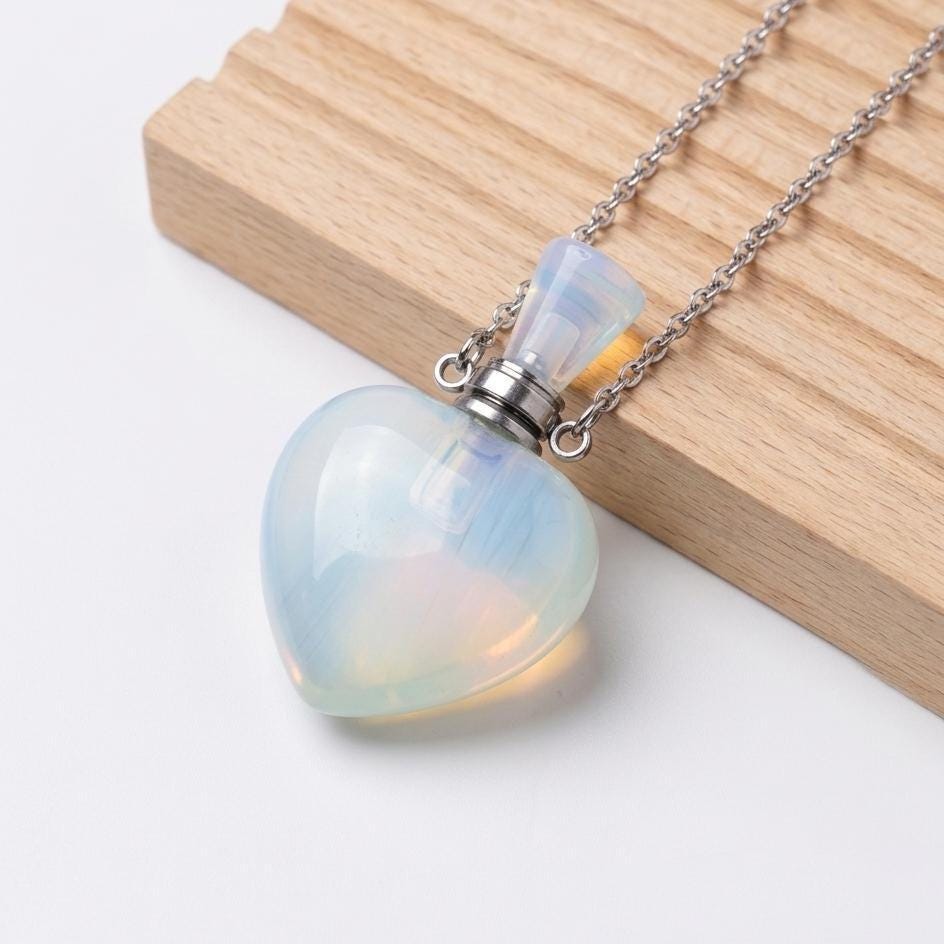 Heart Crystal Perfume Bottle Necklace, Natural Gemstone Essential Oil Vial Pendant, Dainty Healing Stone Vial, Mindful Self Care Gift