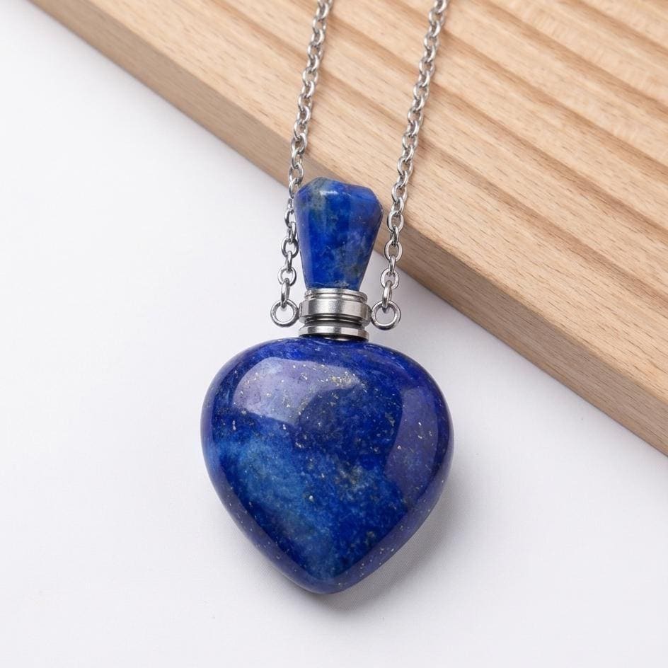 Heart Crystal Perfume Bottle Necklace, Natural Gemstone Essential Oil Vial Pendant, Dainty Healing Stone Vial, Mindful Self Care Gift