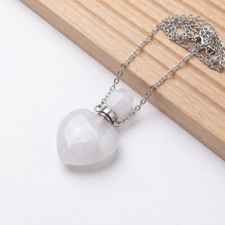 Heart Crystal Perfume Bottle Necklace, Natural Gemstone Essential Oil Vial Pendant, Dainty Healing Stone Vial, Mindful Self Care Gift