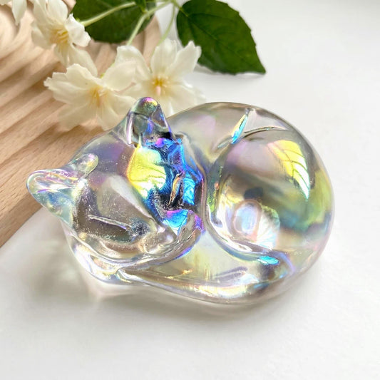 Rainbow Aura Cat Sculpture, Hand Carved Iridescent Sleeping Kitten, Unique Desk Pet, Sympathy Gift for Cat Loss, Crystal Home Office Decor