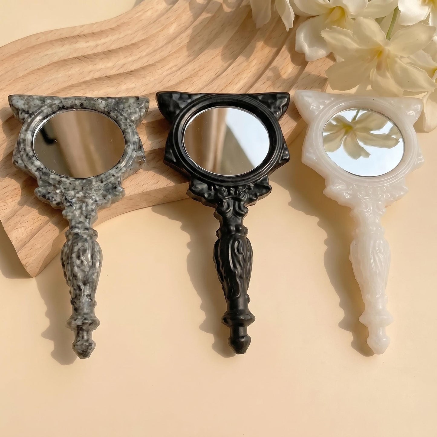 Natural Obsidian Cat Mirror, Flame Stone & White Jade Handheld Mirror, Witchy Vanity Decor, Carved Gemstone Handheld Mirror, Unique Gift