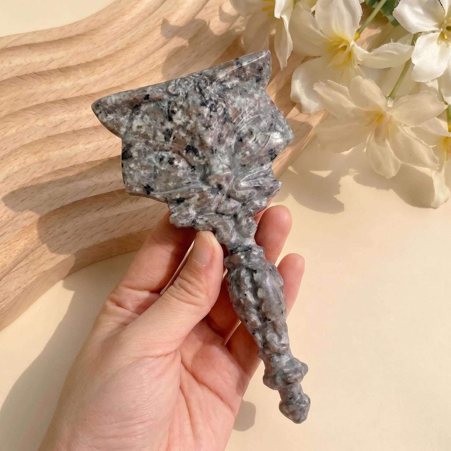 Natural Obsidian Cat Mirror, Flame Stone & White Jade Handheld Mirror, Witchy Vanity Decor, Carved Gemstone Handheld Mirror, Unique Gift
