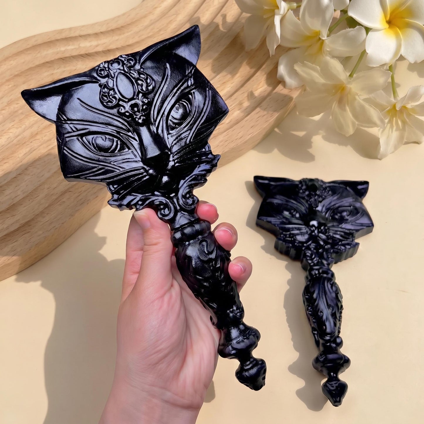 Natural Obsidian Cat Mirror, Flame Stone & White Jade Handheld Mirror, Witchy Vanity Decor, Carved Gemstone Handheld Mirror, Unique Gift