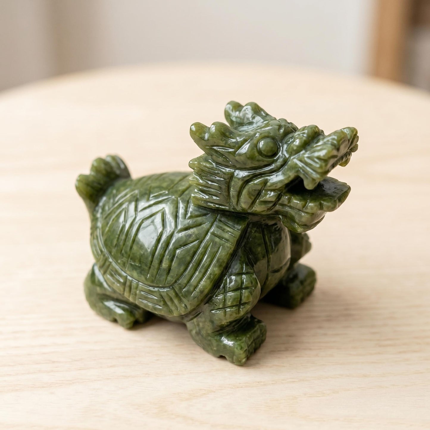 Natural Green Jade Dragon Turtle, Feng Shui Decor for Office, Handheld Stone Carving, Spiritual Gift for Men