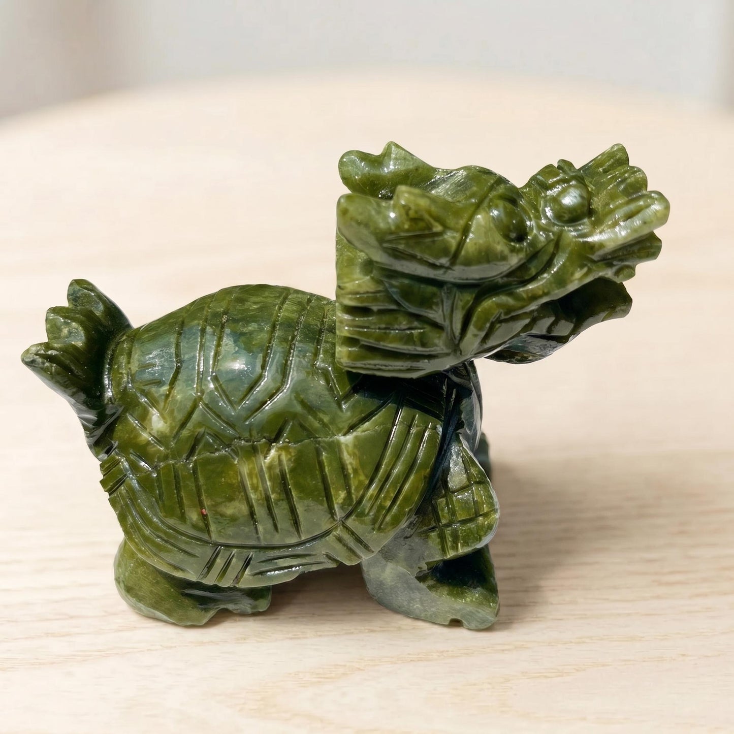Natural Green Jade Dragon Turtle, Feng Shui Decor for Office, Handheld Stone Carving, Spiritual Gift for Men