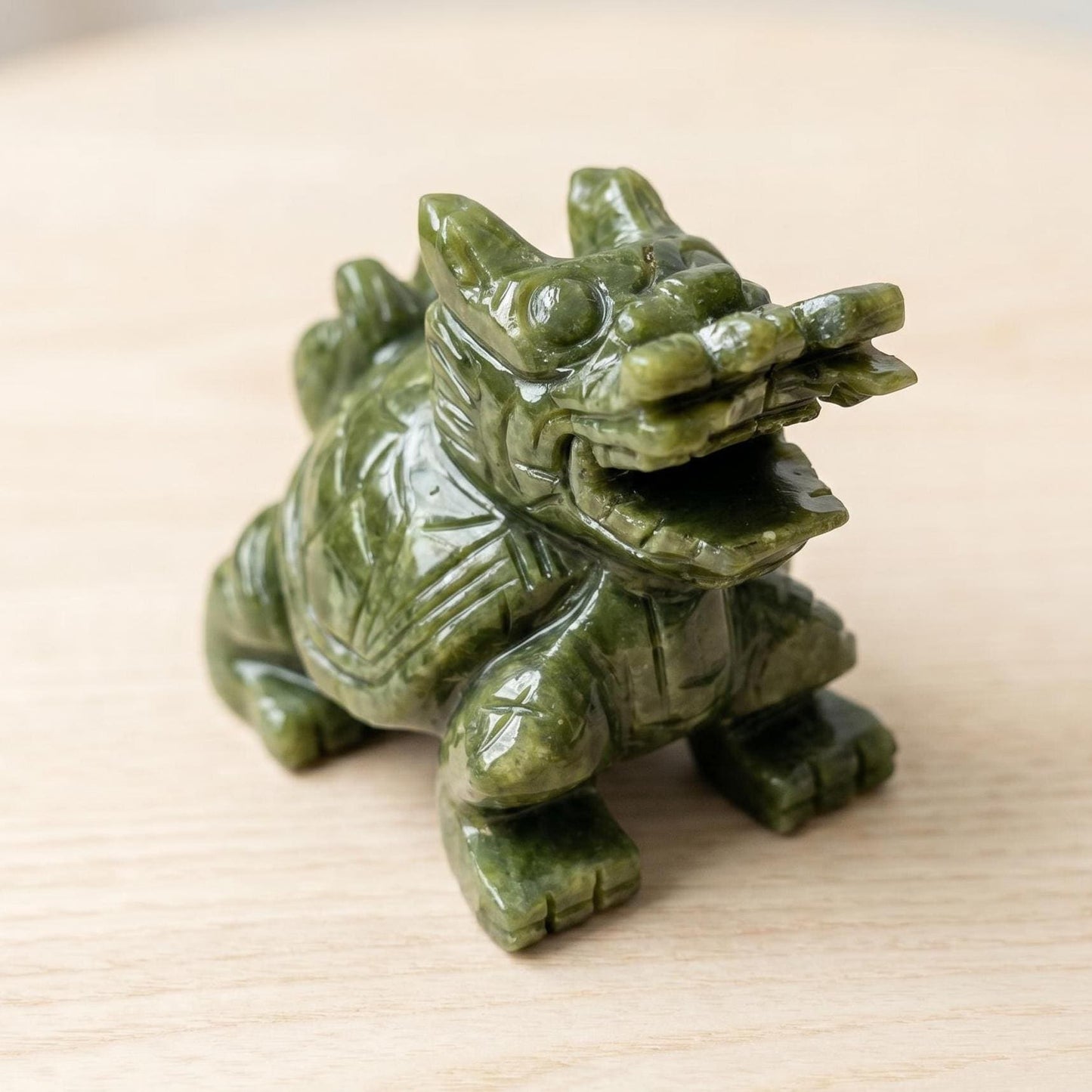 Natural Green Jade Dragon Turtle, Feng Shui Decor for Office, Handheld Stone Carving, Spiritual Gift for Men