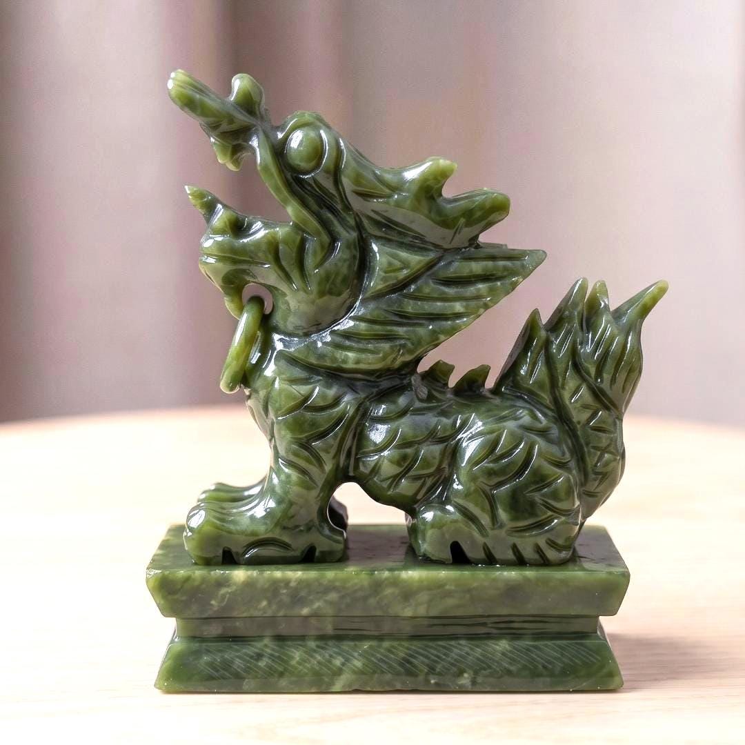 Natural Serpentine Jade Dragon Statue, Precision Carved Stone Sculpture, Mythical Home Guardian Ornament, Organic Totem, Unique Desk Decor