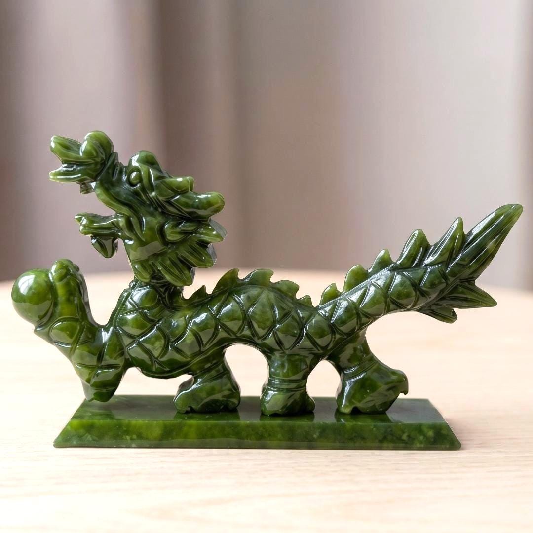 Natural Serpentine Jade Dragon Statue, Precision Carved Stone Sculpture, Mythical Home Guardian Ornament, Organic Totem, Unique Desk Decor
