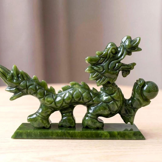 Natural Serpentine Jade Dragon Statue, Precision Carved Stone Sculpture, Mythical Home Guardian Ornament, Organic Totem, Unique Desk Decor