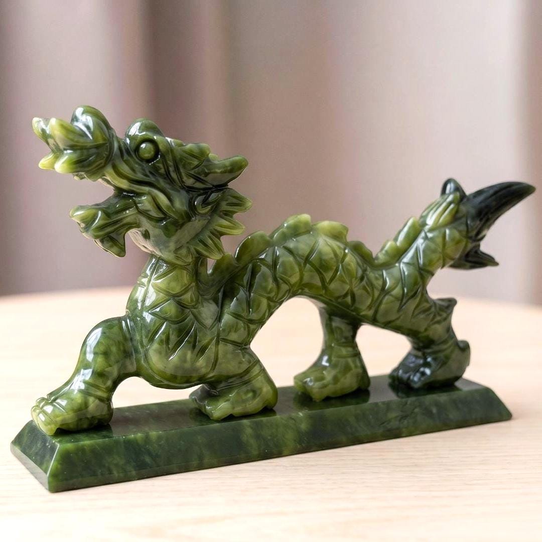 Natural Serpentine Jade Dragon Statue, Precision Carved Stone Sculpture, Mythical Home Guardian Ornament, Organic Totem, Unique Desk Decor