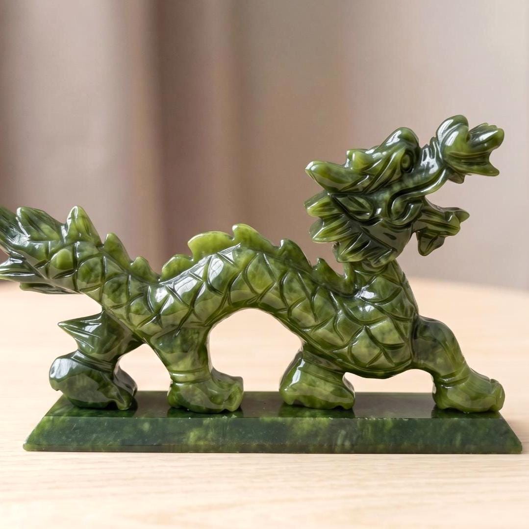 Natural Serpentine Jade Dragon Statue, Precision Carved Stone Sculpture, Mythical Home Guardian Ornament, Organic Totem, Unique Desk Decor