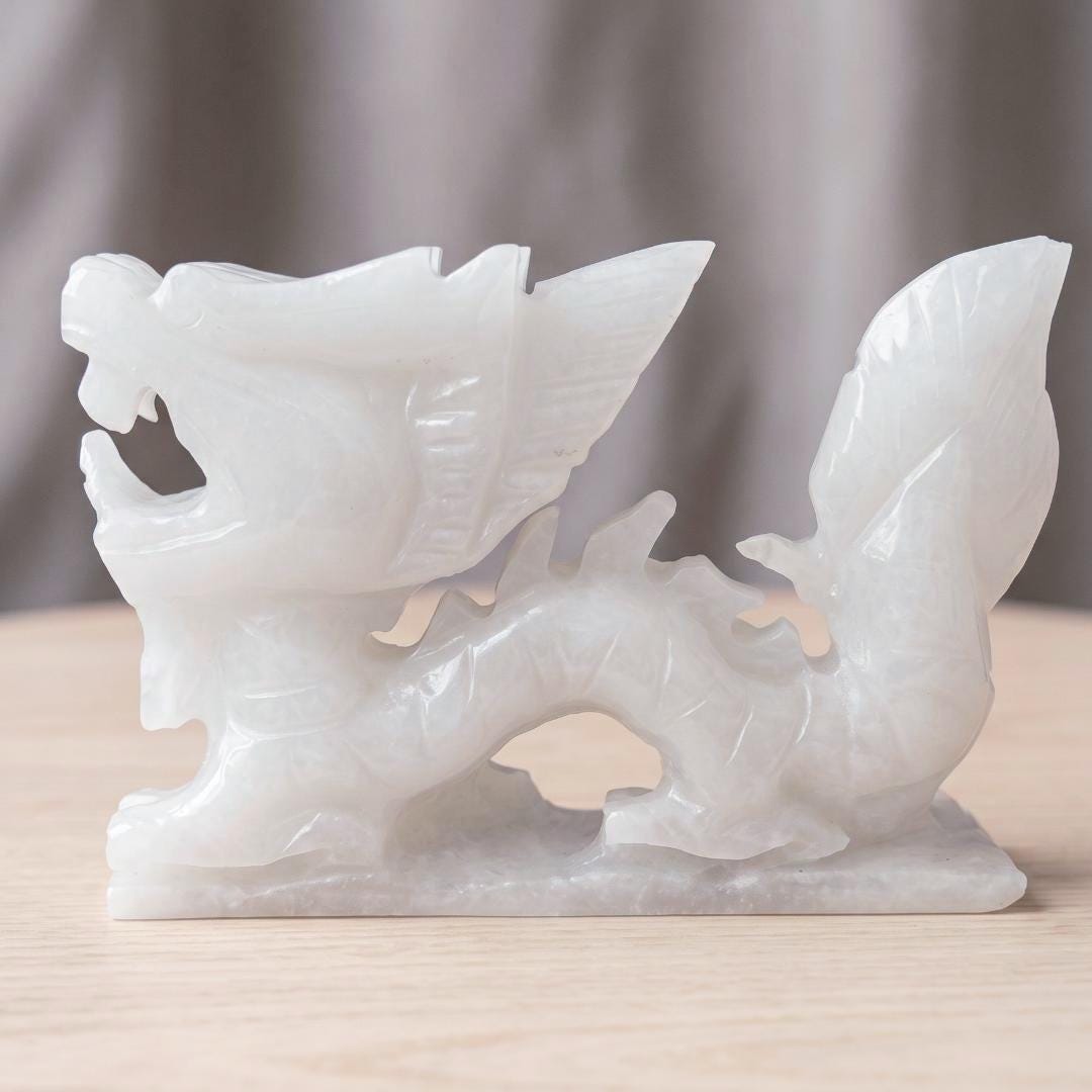 Natural Serpentine Jade Dragon Statue, Precision Carved Stone Sculpture, Mythical Home Guardian Ornament, Organic Totem, Unique Desk Decor