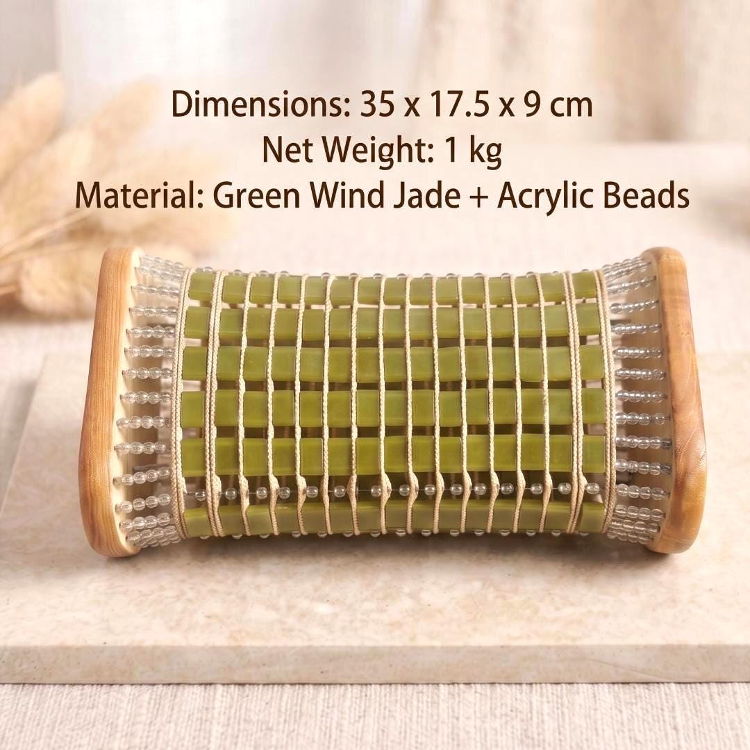 Natural Serpentine Jade Pillow, Cooling Stone Neck Pillow for Sleep, Ribbed Jade Bead Bedding, Wooden Contour Headrest, Self Care Gift