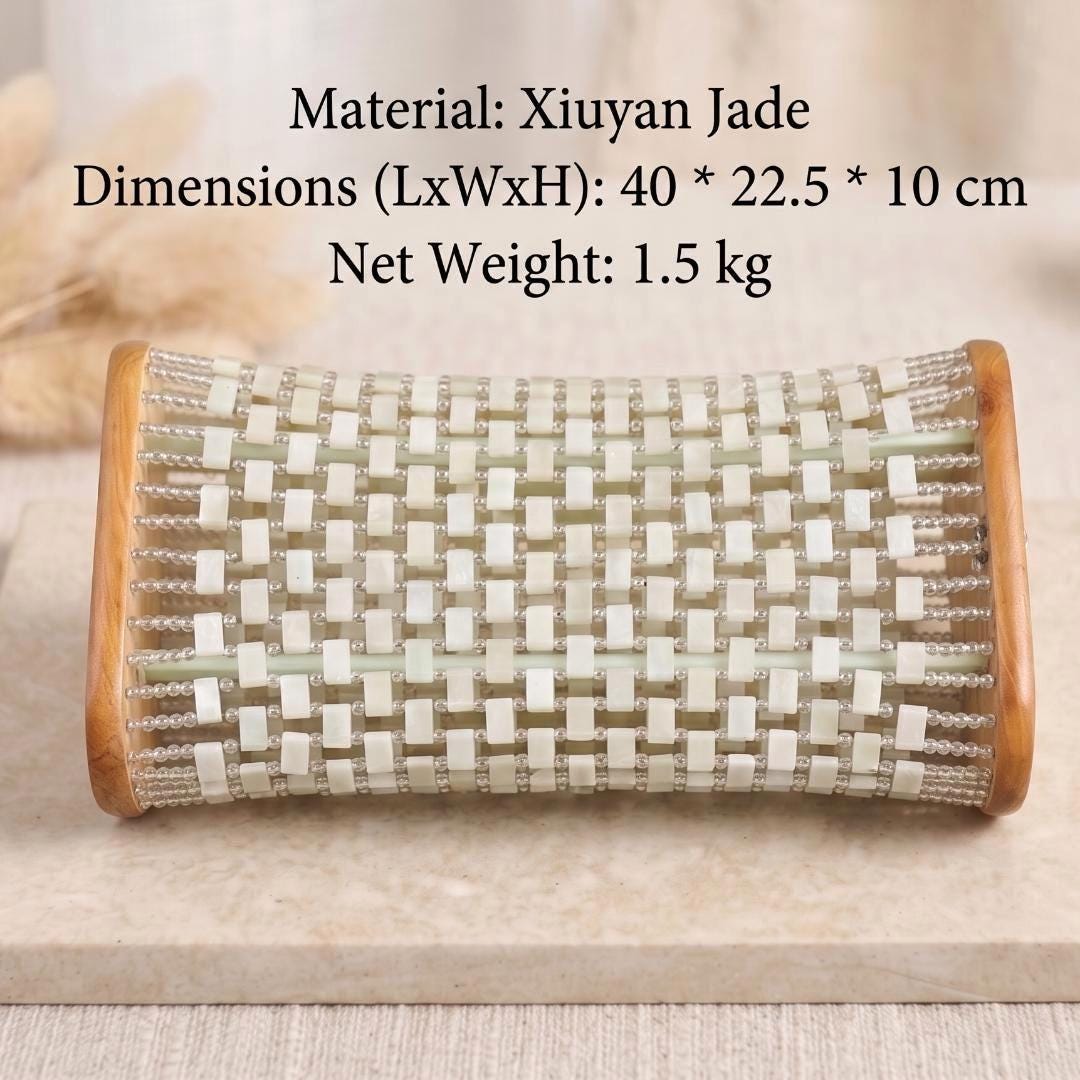 Natural Serpentine Jade Pillow, Cooling Stone Neck Pillow for Sleep, Ribbed Jade Bead Bedding, Wooden Contour Headrest, Self Care Gift