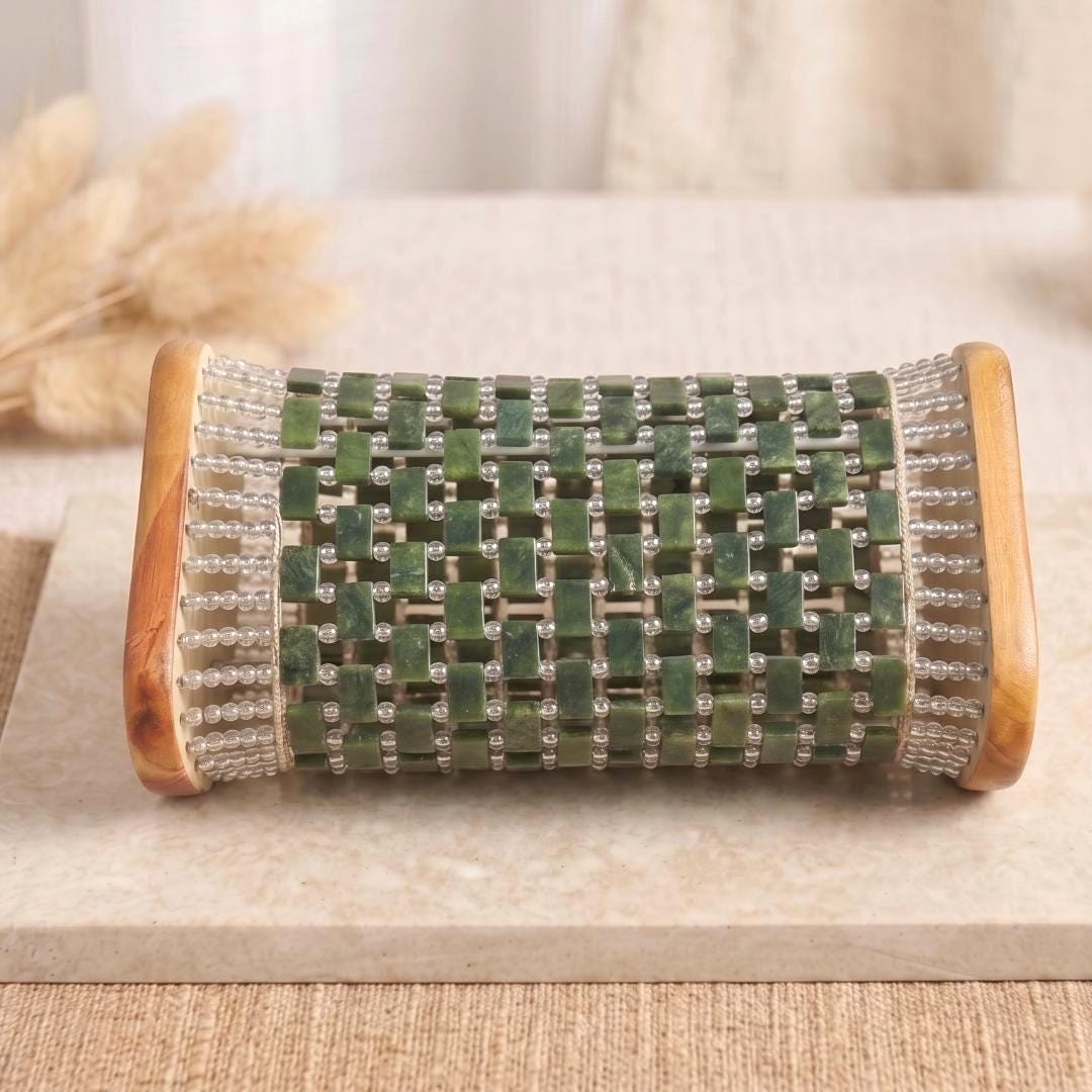 Natural Serpentine Jade Pillow, Cooling Stone Neck Pillow for Sleep, Ribbed Jade Bead Bedding, Wooden Contour Headrest, Self Care Gift