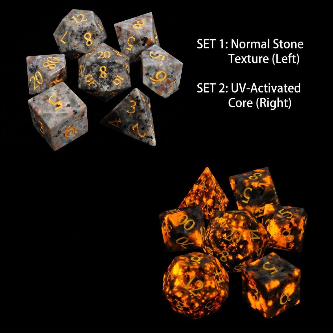 Yooperlite Stone DND Dice Set, UV Reactive Glowing Lava Stone Polyhedral Dice 7pcs, Flourescent Sodalite RPG Game Dice, Dungeon Master Gift