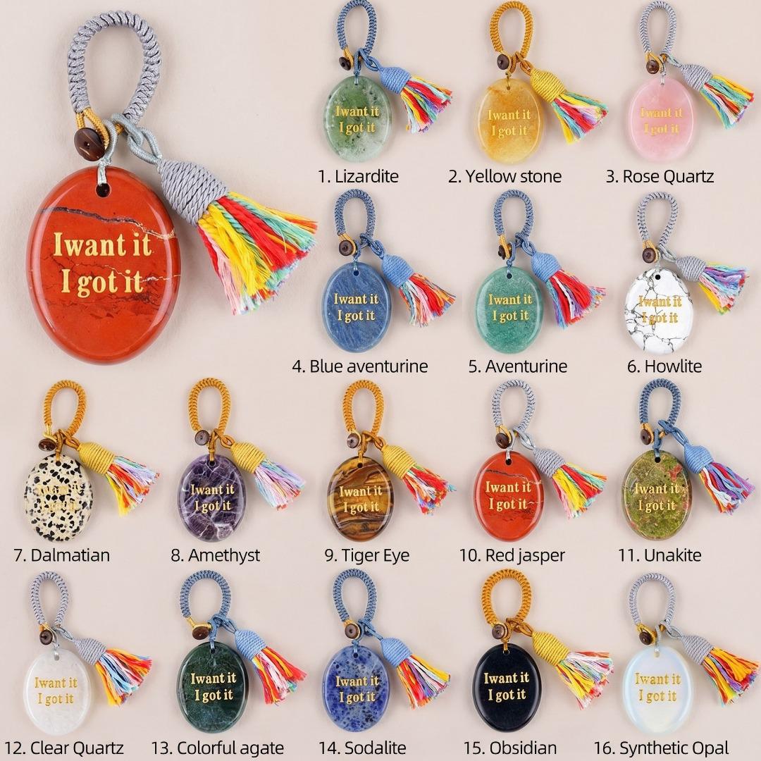 Mindfulness Crystal Bag Charm, I Want It I Got It Engraved Gemstone Keychain, Car Mirror Hanging Ornament, Graduation Manifestation Gift