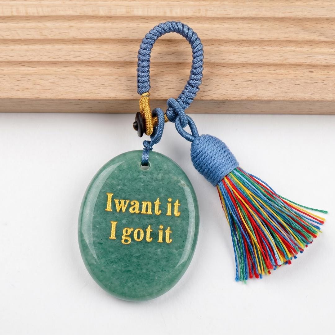 Mindfulness Crystal Bag Charm, I Want It I Got It Engraved Gemstone Keychain, Car Mirror Hanging Ornament, Graduation Manifestation Gift